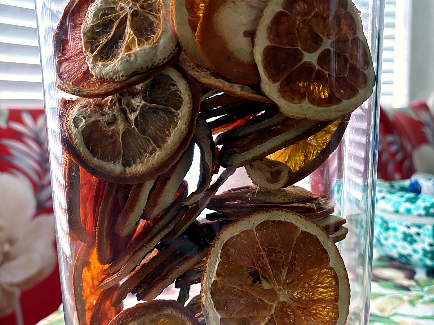 Our homemade dried orange slices in a glass jar