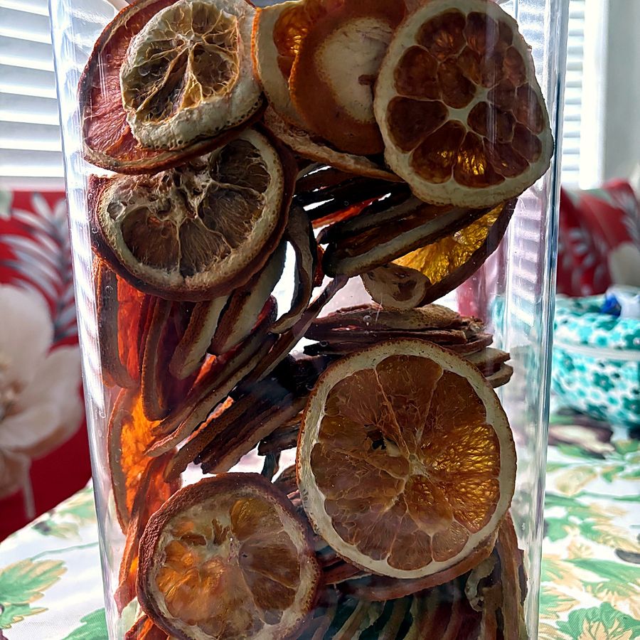 Our dried orange slices in a glass jar